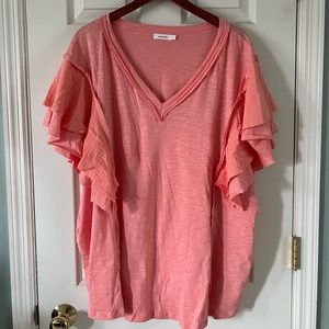 Drop shoulder tiered ruffle top. Peach. 3x.